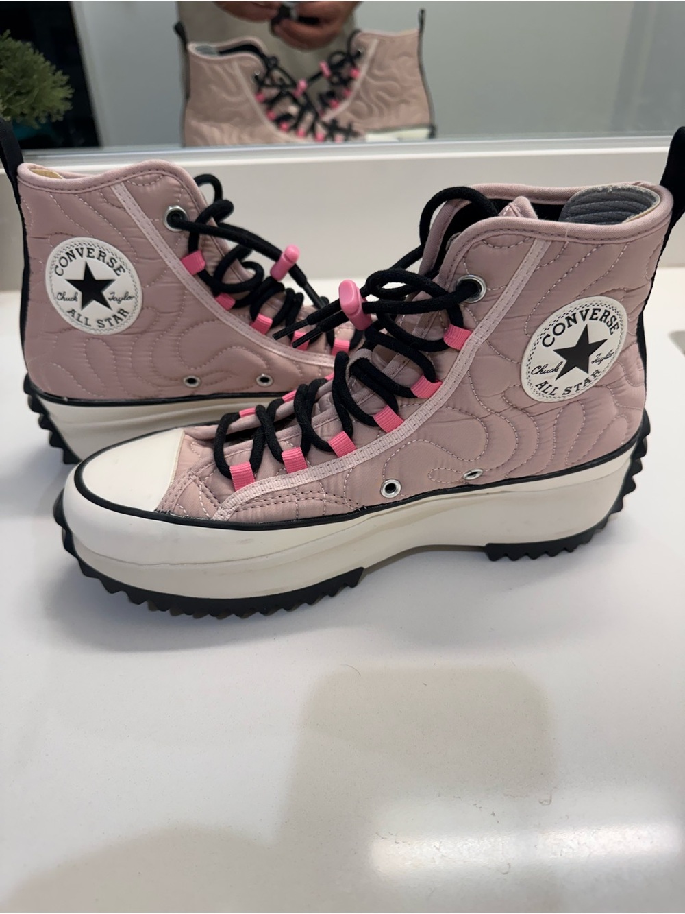 Converse Quilted High-Top Platform Sneakers in Pale Pink with Black Accents
